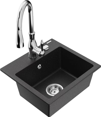 Mexen Milo granieten spoelbak met 1 bak en keukenkraan Savita, zwart/zilver metallic- 6505-73-672601-00