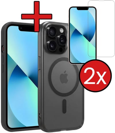 Hoesje - Met 2x Screenprotector - Geschikt voor Apple iPhone 14 Pro - Magsafe Compatible - Sterk & Shockproof - Shock Proof Case - Back Cover - Telefoon Hoes - Telefoonhoes - Zwart