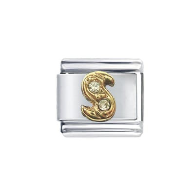 Schakel Bedel - Letter S - met strass - 9mm- Schakel voor Italiaanse Bedelarmband - Plated
