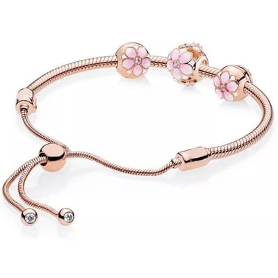 Nieuwe 925 Sterling Zilver Rosé Goud Openwerk Magnolia Bloesem Met Kristal Kralen Armband white