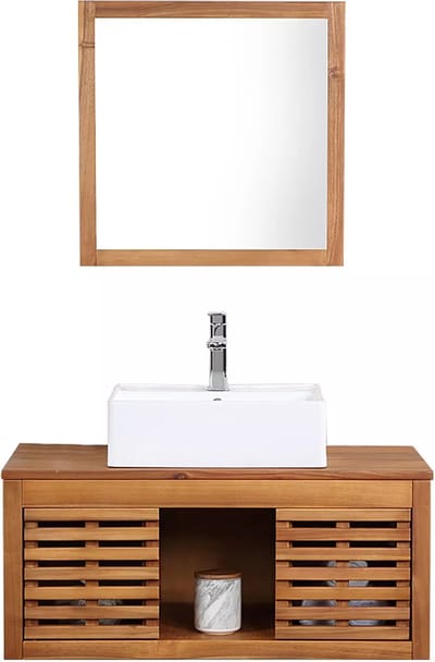 Vente-unique Hangend badkamermeubel van acaciahout met enkele wastafel en spiegel - 90 cm - PENEBEL