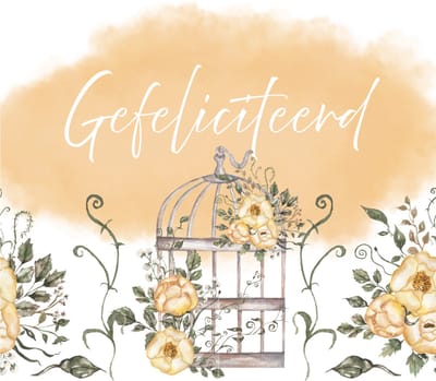 Wenskaart gefeliciteerd vogelkooi crème rozen – 13x13 cm – gevouwen kaart – inclusief witte envelop – stevig papier – felicitatiekaart