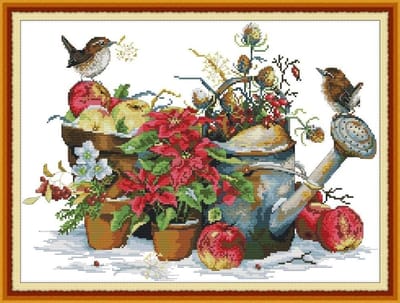 Bloempot en Vogels Borduurset voor Volwassenen en Kinderen, DIY 14CT Borduurkit voor Thuisdecoratie, Vooraf Geprint of Niet Geprint, Handwerken Starterset