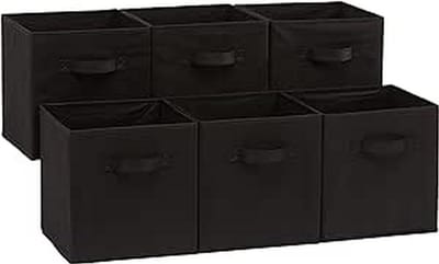 Famanu Opvouwbare opbergkubus/organizer van stof met handgrepen, 26,6 x 26,6 x 27,9 cm, 6 stuks, effen zwart