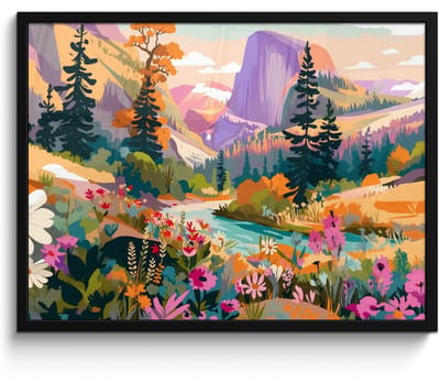 Poster in lijst - Fotolijst 70x50 cm - Posters - Rivier - Vallei vol bloemen - Levendig - Posterlijst zwart - Decoratie - Wanddecoratie woonkamer - Muurdecoratie slaapkamer