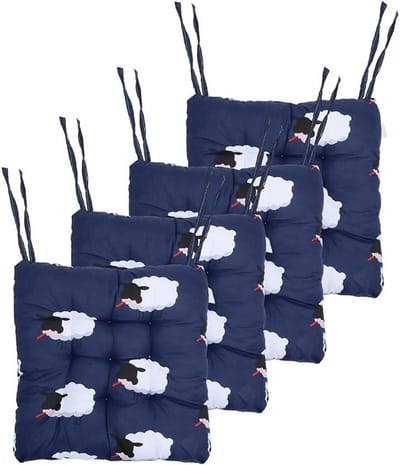 Luxe 4-delige Cartoon Stoelkussens Set, 40 x 40 cm, Zitkussen met Touwtjes voor Tuinstoelen, Eetkamer en Studiekamer, Blauw Schaap Design, Comfortabel en Duurzaam