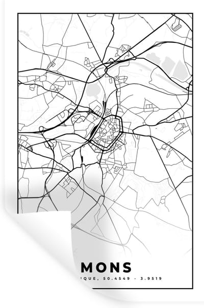 Muurstickers - Sticker Folie - Kaart – Plattegrond – Stadskaart – Mons – België – Zwart Wit - 20x30 cm - Plakfolie - Muurstickers Kinderkamer - Zelfklevend Behang - Zelfklevend behangpapier - Stickerfolie