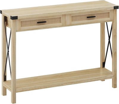 Statafels,Consoletafel met 2 lades en open legplanken, rotan entreeconsoletafel voor opbergruimte in hal, gang en woonkamer