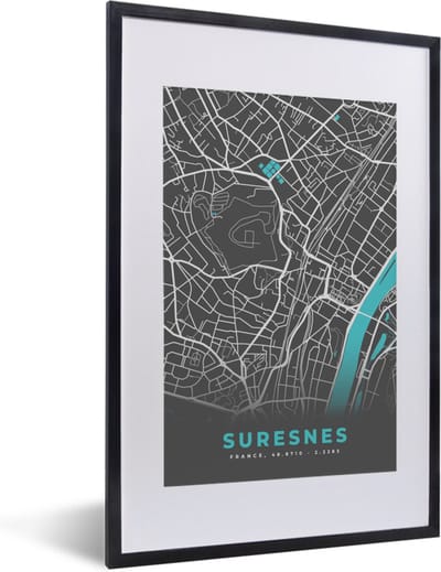 Fotolijst incl. Poster - Suresnes - Kaart - Plattegrond - Stadskaart - Frankrijk - 40x60 cm - Posterlijst