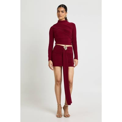 boohoo Dames Dubbellaagse Slinky Draperie Voorkant Trim Mini Rok | Burgundy | Maat: 6