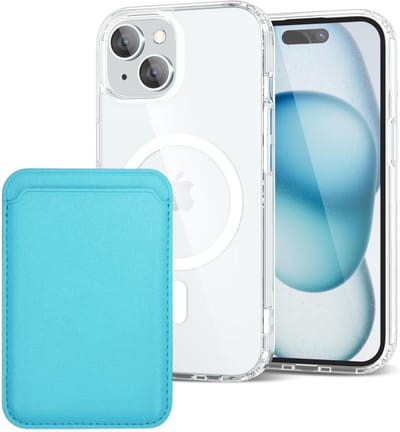 Shockproof Anti Shock Back Cover Hoesje Compatibel met MagSafe Geschikt voor: Apple iPhone 15 met Magnetische Pasjeshouder - Lichtblauw