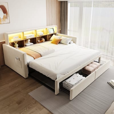 MODFU - Uitschuifbaar bedframe – 90x190 cm naar 180 cm breed – Met LED & USB-C – Beige velvet