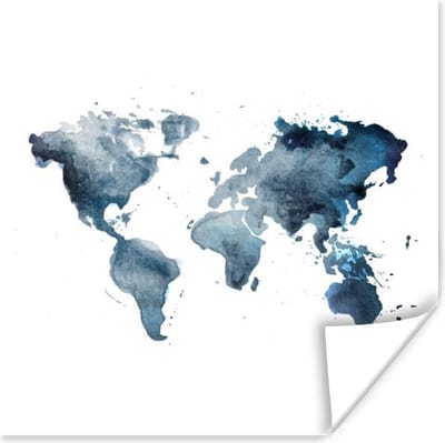 Poster 30x30 cm - Wereldkaart - Waterverf - Blauw - Posters - Kamer decoratie - Wanddecoratie woonkamer - Muurdecoratie slaapkamer