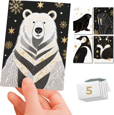 Inspra Studio – Luxe Kerstkaarten met Enveloppen – 5 Stuks – Pinguïn, IJsbeer, Zeehond, Walrus & Poolvos Wenskaarten – Minimalistische Dieren Illustraties