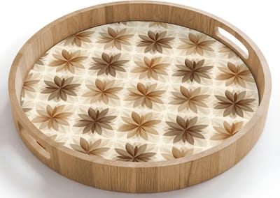 Dienblad rond 40x40 cm - Schootdienblad hout - Geografisch - Patroon - Bruin - Borrelplank rechthoek - Plateau houten dienbladen
