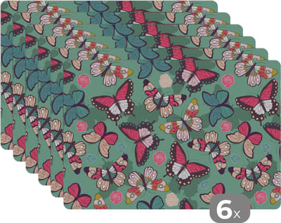 Placemat - Placemats kunststof - Vlinders - Patronen - Lente - 45x30 cm - 6 stuks - Hittebestendig - Anti-Slip - Onderlegger - Afneembaar