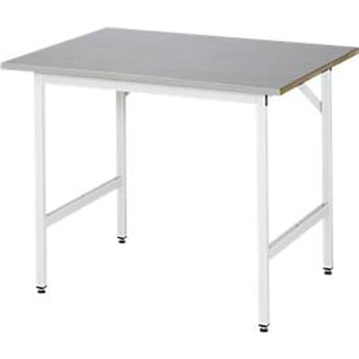 Rau werktafel Jerry, handmatig in hoogte verstelbaar, 25 mm MDF blad met roestvrij stalen bekleding, tot 300 kg, B 1000 x D 800 x H 800-850 mm, zilver/lichtgrijs