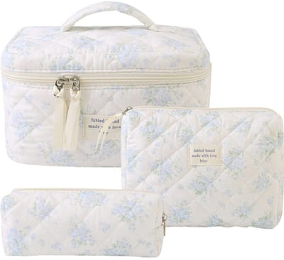 Set van 3 Make-up Tasjes Gewatteerd Bloemen Katoen – Grote Capaciteit Esthetische Cosmetische Tas & Toilettas voor Vrouwen – Reistas Organizer met Ritssluiting -Blauwe roos, 3-delige set [groot + middel + klein]