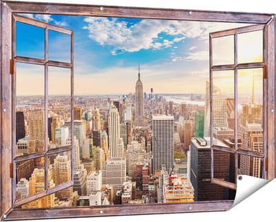 Gards Tuinposter Doorkijk New York Manhattan tijdens Zonsondergang - 150x100 cm - Tuindoek - Tuindecoratie - Wanddecoratie buiten - Tuinschilderij