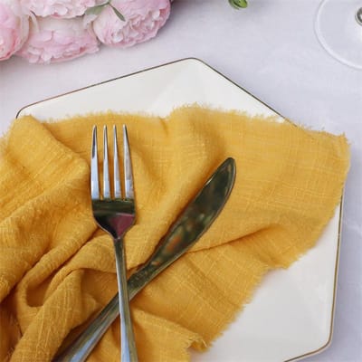 6 stuks 32x32cm 100% Katoen zacht beige Gaas C Bruiloft Servetten Herbruikbaar Blauwe Rand Keukendoek Rustiek Retro Ruwe randen servetten Voor Diner, Feest, Bruiloften 6PCS-32x32cm donkergele kleur