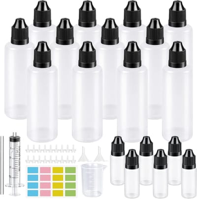 12 Stuks Lege Vloeistofflessen 120ml en 6x10ml Druppelflessen met Meetbeker voor Precisie, Spuiten en Lijmen