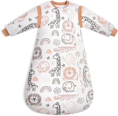 Verwijderbare katoenen slaapzak voor kinderen in bruin met giraffeprint, ideaal voor kamperen en logeren