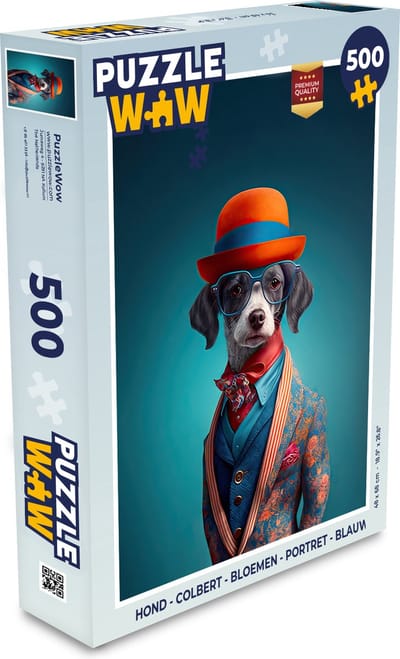 Puzzel Hond - Colbert - Bloemen - Portret - Blauw - Legpuzzel - Puzzel 500 stukjes