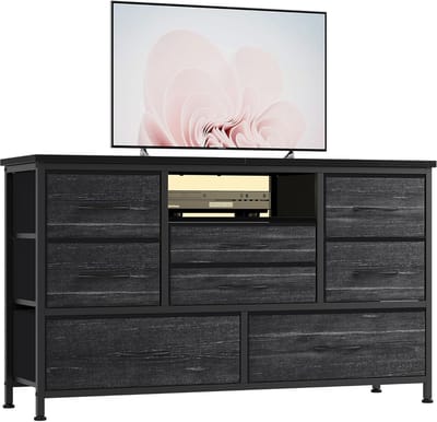 Multifunctionele Ladekast & TV-Meubel met 8 Lades - Met LED-Verlichting & Oplaadstation (Stopcontacten + USB) - Metalen Frame & Stoffen Lades - 121x37x76 cm - Zwart grijs