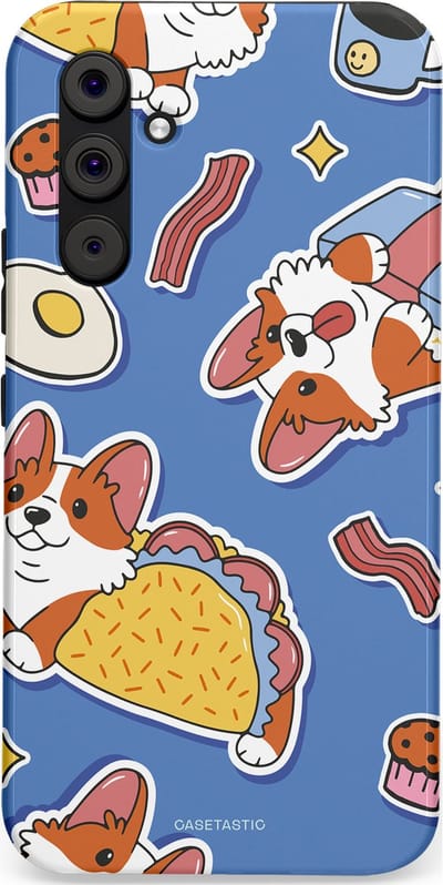 Casetastic Hoesje Geschikt voor Samsung A54 (5G) - Stijlvolle Beschermende Duo-layer Case - Corgi en Snacks