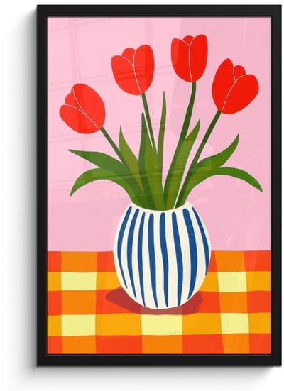 Poster in lijst - Fotolijst 40x60 cm - Posters - Tulpen - Roze - Vaas - Posterlijst zwart - Decoratie - Wanddecoratie woonkamer - Muurdecoratie slaapkamer