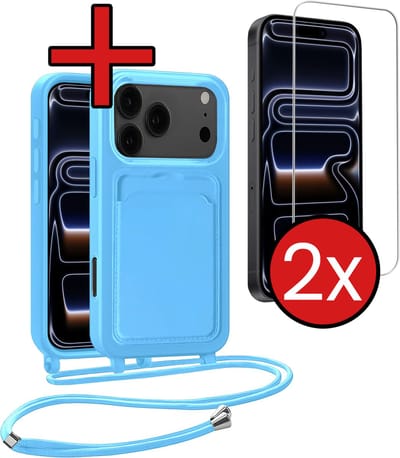 Hoesje Geschikt voor iPhone 17 Pro Max / 18 Pro Max Hoesje Met Telefoonkoord en Pasjeshouder Met 2x Screenprotector Siliconen - Hoes Geschikt voor iPhone 17 Pro Max / 18 Pro Max Hoesje Met Kaarthouder Case - Lichtblauw