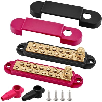 Krachtige 1/4" Stud en 12 x #8 Terminal Schroeven voor Power/Ground Verdeling, 5.3" 12V Messing Accubalk met Deksel voor Auto, Boot en Zonne-energie Systemen