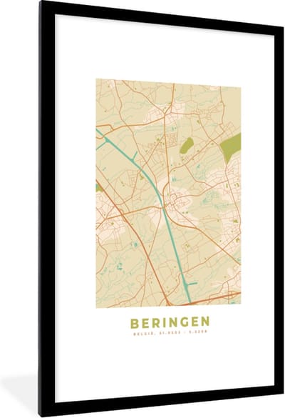Fotolijst incl. Poster - Stadskaart - Plattegrond - Kaart - België - Beringen - 80x120 cm - Posterlijst