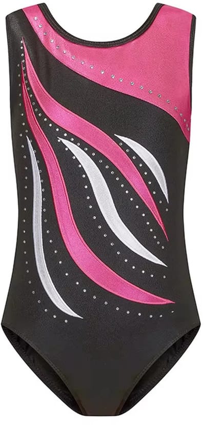 Turnpakje Mouwloos - Roze Golvend - Kristallen Strass steentjes - 7-8 jaar - gymnastiek pakje