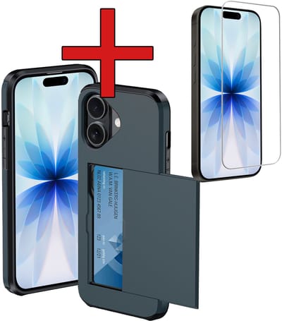 Hoesje Geschikt voor iPhone 17 Hoesje Met Pasjeshouder Hard Case Met Kaarthouder Met Screenprotector - Hoes Geschikt voor iPhone 17 Hoesje Pashouder Case - Donkerblauw