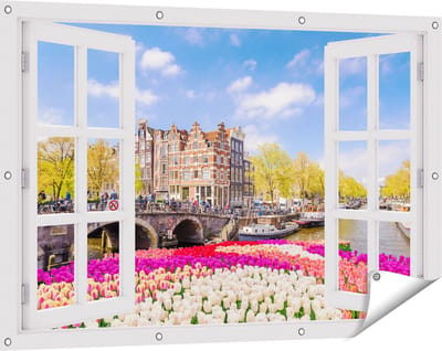 Gards Tuinposter Doorkijk Amsterdamse Huisjes aan de Grachten - 120x80 cm - Tuindoek - Tuindecoratie - Wanddecoratie buiten - Tuinschilderij