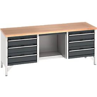 Bott Cubio werkbank, beuken multiplex blad, B 2000 x D 750 x H 840 mm, tot 600 kg, lichtgrijs/antraciet