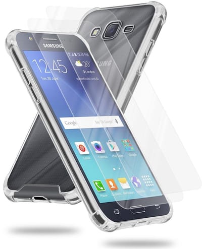 Cadorabo Hoeje en 2x Tempered beschermglas geschikt voor Samsung Galaxy J7 2015 in TRANSPARANT - Hybride beschermhoes met TPU siliconen rand en acryl-glas achterkant