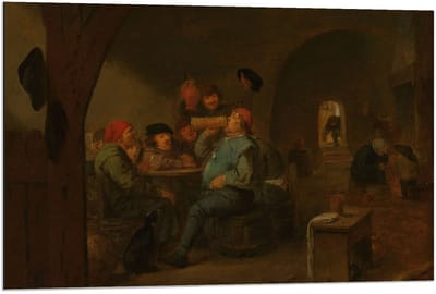 Dibond - Oude Meesters - De meesterdronk, Adriaen Brouwer, 1620 - 1700 - 90x60cm Foto op Aluminium (Met Ophangsysteem)