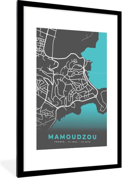 Fotolijst incl. Poster - Frankrijk - Stadskaart - Mamoudzou - Kaart - Plattegrond - 60x90 cm - Posterlijst
