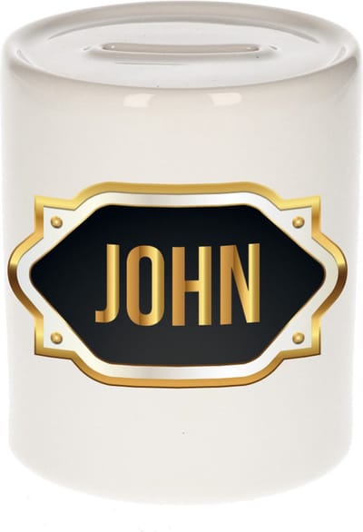 Spaarpot met voornaam John - wit - met goud/zwart embleem - 8 x 9 cm - keramiek - met afsluitdop - cadeau verjaardag