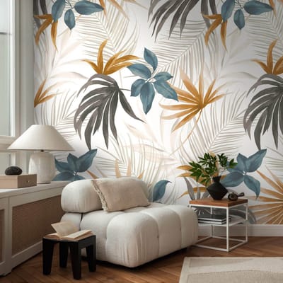Fotobehang Profhome 791451-GU vliesbehang hardvinyl warmdruk in reliëf licht gestructureerd met bloemmotief mat crème petrol bruingrijs oranjegeel 1,59 m x 2,8 m