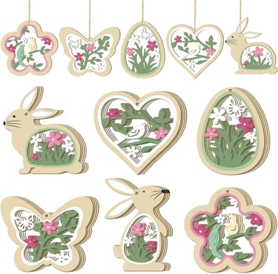 Set van 24 Houten Paaseieren voor Hangdecoratie, 8 cm, in Groen met Konijnen, Vlinders en Bloemen voor Lente- en Pasenversiering, Perfect voor Binnen en Buiten