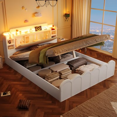 Tweepersoonsbed 140x200 cm - met USB Type-C oplaadfunctie - LED-verlichting - met opbergruimte - zonder matras - wit