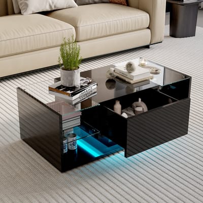 Salontafel 100x50x35cm – Zwart Hoogglans met LED Licht, Lade en Opbergruimte, Modern en Functioneel Design voor Woonkamer