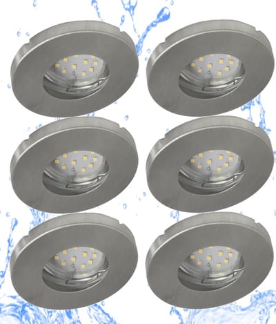 Trango Set van 6 IP65 inbouwspots 6729IP65-069MO in geborsteld aluminium incl. 6x 5 Watt 3000K warm wit Ultra Flat LED Module voor Badkamer, Douche, Plafondspots, Plafondlamp, Badkamerlamp