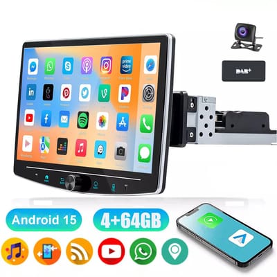 ESSGOO 1DIN Autoradio auto met 10,1 Inch 360° draaibaar scherm - DAB+ autoradio geschikt voor CarPlay en Android auto - Android 15 4 + 64 GB - Bluetooth FM RDS - multimediaspeler - AHD-achteruitrijcamera - microfoon