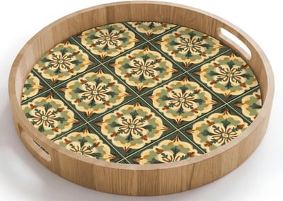 Dienblad rond 40x40 cm - Schootdienblad hout - Ornament - Patroon - Groen - Borrelplank rechthoek - Plateau houten dienbladen