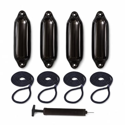 Complete Fenderset - 4 Stootwillen 14x50 cm - 4 Fenderlijnen - Handpomp - Zwart - Voor Boot of Sloep