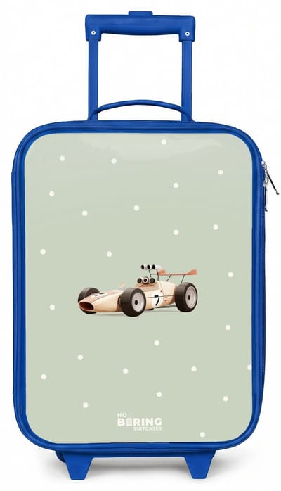 NoBoringSuitcases.com® - Kinderkoffer blauw - Kindertrolley jongen - Beige retro raceauto op groene stippen achtergrond - Koffer kind lichtgewicht - Reiskoffer trolley voor kinderen - Koffertje met lichtgevende wieltjes - Rolkoffer